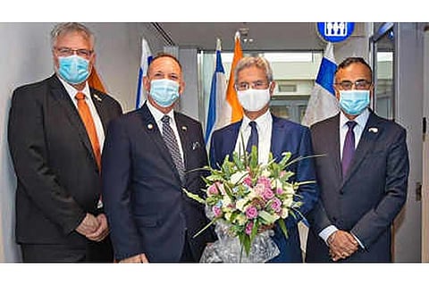 EA Minister S. Jaishankar being facilitated on his arrival, in Tel Aviv on Sunday(Image credit: ANI)