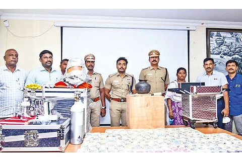 Coimbatore SP S Selvanagarathinam inspects the seized items on Thursday