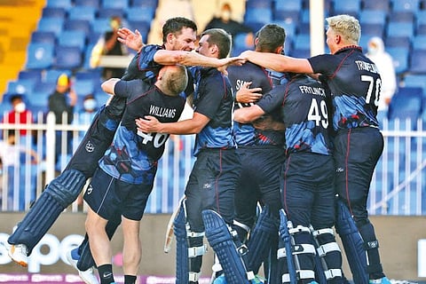 Namibia players celebrate their crucial victory over Ireland