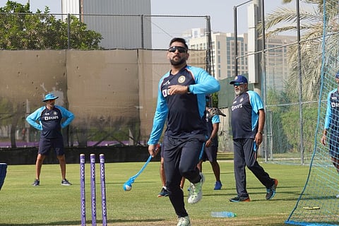 MS Dhoni at the Indian team's practice session (Source: Twitter/BCCI)