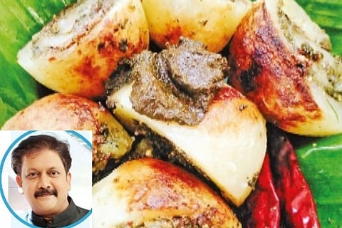 Chef Ramaa Shanker (down) and Stuffed potato dish prepared by him