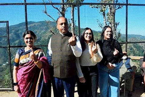 Himachal Cheif Minster Jai Ram Thakur with his family members after casting their votes (Photo: PTI)