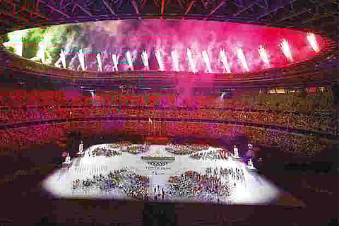 Fireworks explode during closing ceremony of the 2020 Paralympics at the National Stadium in Tokyo