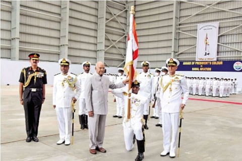 File Photo : Ram Nath Kovind presents President?s Colour to Naval Aviation in Goa on Monday
