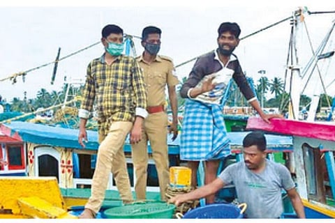 The boats seized for using banned twin trawling nets in Thanjavur on Monday