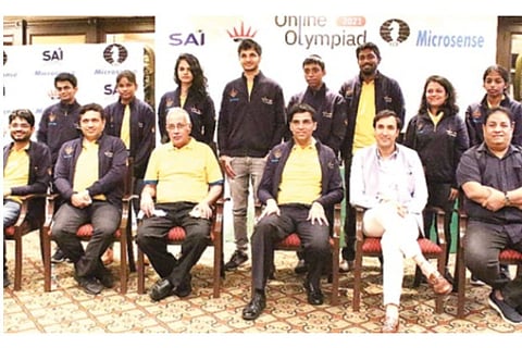 File Photo : The India team members, who will compete at the Online Olympiad, pose for a photo along