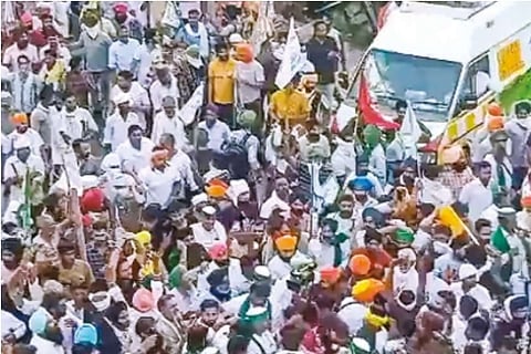 File Photo : Farmers during protest march against the Centre?s three farm reform laws, in Karnal, on