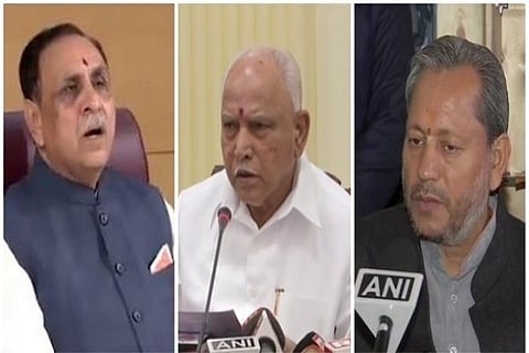 Source: ANI;BJP leaders Vijay Rupani, BS Yediyurappa, Tirath Singh Rawat (from left to right)