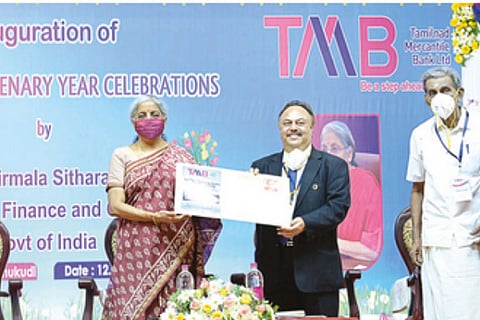 nion Finance Minister Nirmala Sitharaman on Sunday releasing a special TMB postal stamp and card