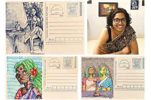 File Photo: Padma Malini Soman?s (top right) artwork on postcards