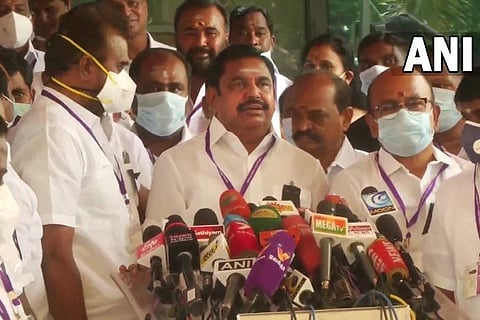 Edappadi Palaniswami addressing the press after staging a walk out