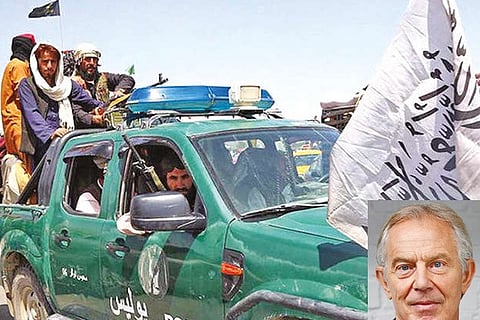 Taliban fighters (inset: Tony Blair).