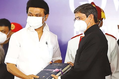 Chief Minister Stalin presents books to RN Ravi, who took charge as Governor on Saturday