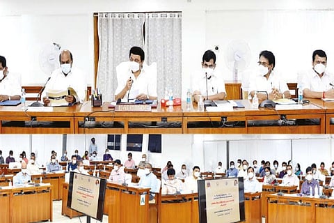 Chief Minister MK Stalin conducting a review meeting at the Secretariat on Friday