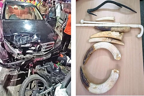 The Benz car driven by the accused lawyer; (right) Ivory pieces and antelope horns seized