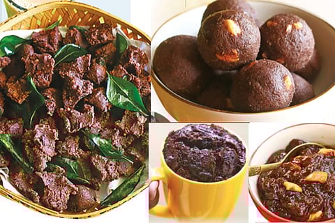 (from clockwise) Ragi Pakoda, Ragi Ladoo, Ragi Halwa, Ragi Mug Cake