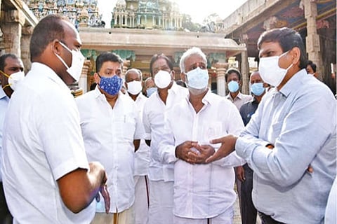 PK Sekarbabu inspecting restoration works under way at Veera Vasantharayar Mandapam