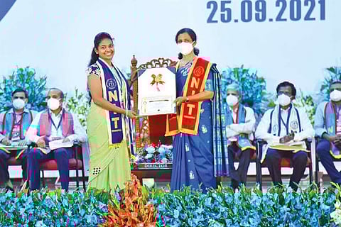 Dr Mini Shaji Thomas honouring one of the gold medal winners during 17th convocation of NIT Tiruchy