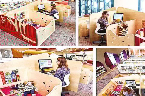 Photo of a desk or carrel that had a built-in toddler-friendly sidecar