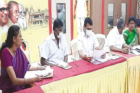 (extreme left) Karur MP S Jothimani at the seat sharing meeting presided by Minister V Senthilbalaji