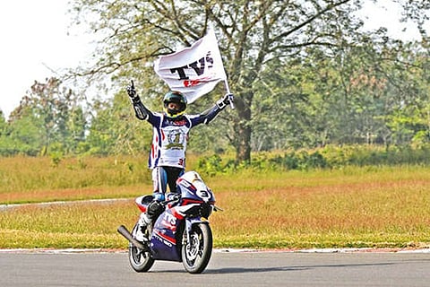 Jagan Kumar of TVS Racing celebrates his championship victory