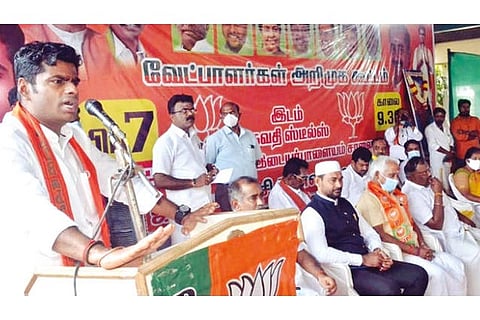 BJP state president K Annamalai addressing a meet in Coimbatore on Monday
