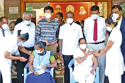 Ma Subramanian at the Covid-19 mega vaccination camp at Rajiv Gandhi Government General Hospital