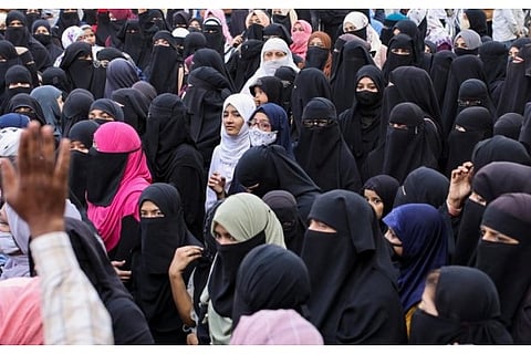 Women wearing hijabs attend a protest against the recent hijab ban in few colleges of Karnataka(PTI)