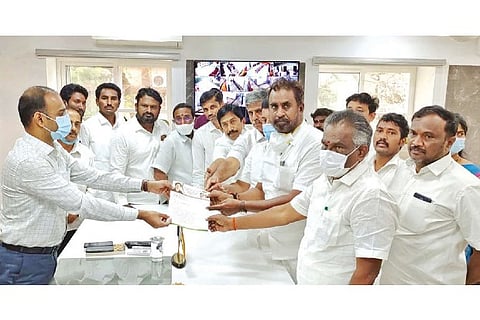 MLAs led by ex-minister SP Velumani submitting a petition to Collector GS Sameeran in Coimbatore