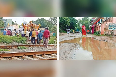People carrying a body across the railway track (L); a waterlogged interior street (R)