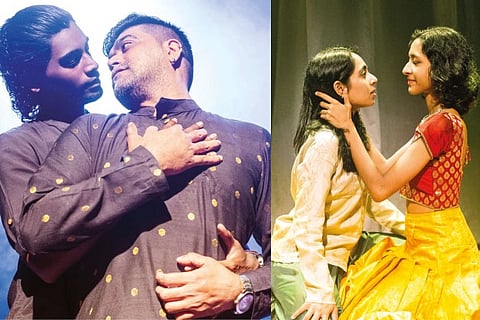 (Above and below) Actors enact on stage around the theme of LGBTQ