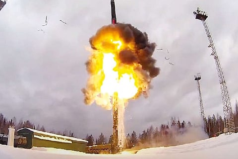 A Yars intercontinental ballistic missile being launched from an air field during military drills