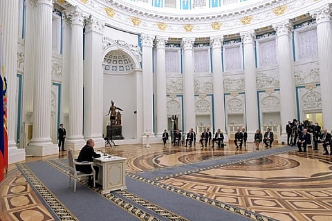 Russian President Vladimir Putin,  chairs a Security Council meeting in the Kremlin in Moscow/AP