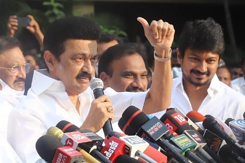 MK Stalin with DMK leaders in the presser. Photo: Justin
