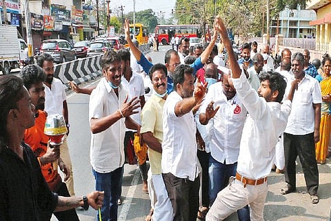 DMK workers celebrate the splendid victory, in Coimbatore on Tuesday