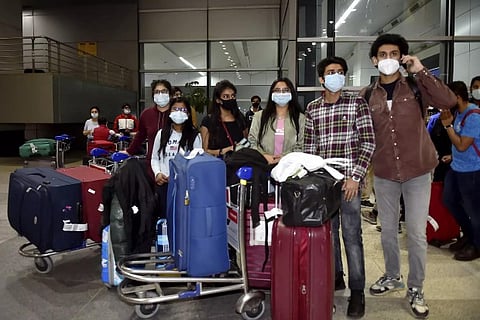 Indian nationals upon their arrival at the IGI Airport by an Air India flight from Ukraine. (PTI)