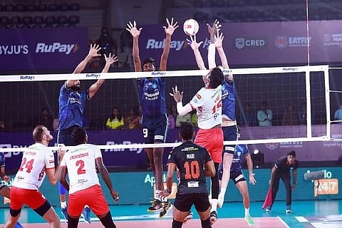 Prime Volleyball League match at the Gachibowli Indoor Stadium here on Wednesday