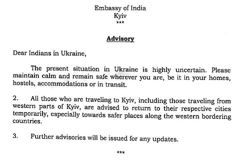 Indian Embassy's advisory for Indians in Ukraine