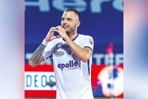 Chennaiyin FC striker Lukasz Gikiewicz celebrates after netting winning goal against Jamshedpur FC