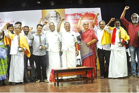 CPM leaders at the felicitation organised for Jai Bhim movie makers in Chennai on Tuesday