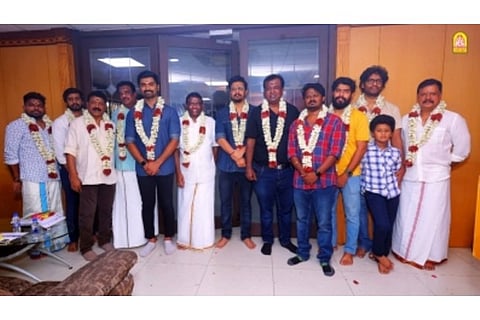 Director Karthick Naren 'Nirangal Moondru' movie pooja and its team(Image Credit:IANS)