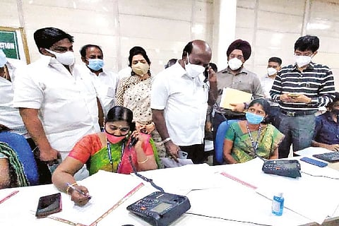 Health Minister Ma Subramanian at a COVID counselling centre in the city on Tuesday