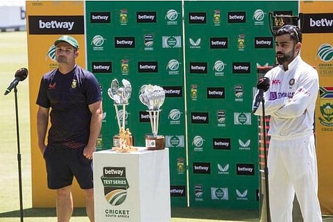 Virat Kohli and  Dean Elgar during after match proceeding (Credits: AP)