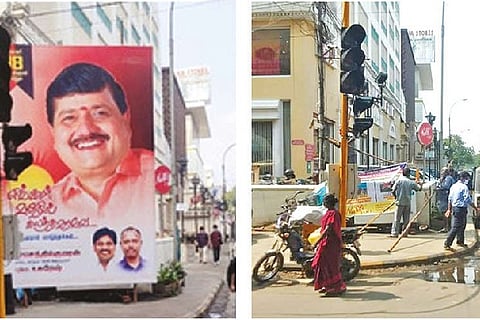 Hoarding of MLA J Karunanithi on a footpath in T Nagar (left) and it removed after a tweet