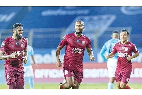 Mohamed Irshad (centre) celebrates after scoring the equaliser for NorthEast United FC