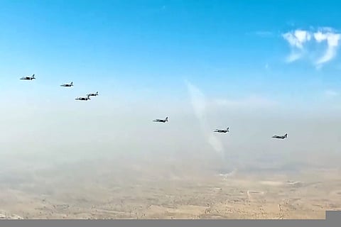 Amrit formation comprising 17 Jaguar aircraft make a figure of 75 on 73rd Republic Day