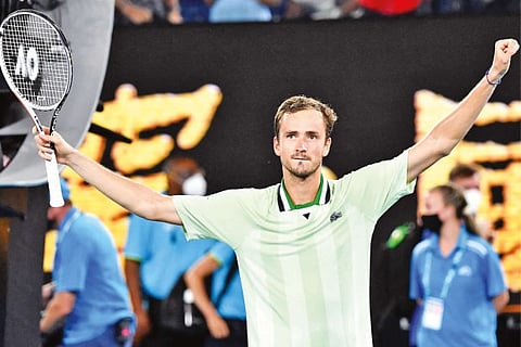 Daniil Medvedev celebrates after pulling off a stunning win in the quarter-finals