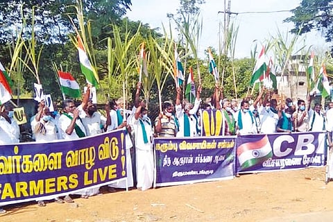 Sugarcane farmers staging protest for their dues in Thanjavur on Thursday