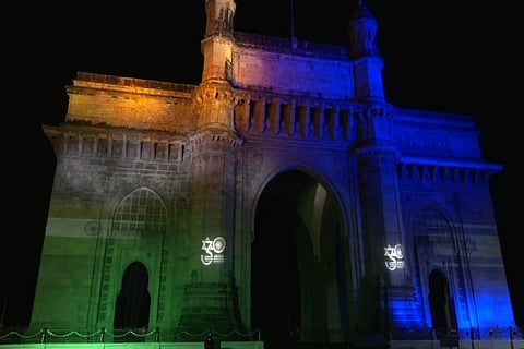Gateway of India in Mumbai lit up in colours of India and Israel's flag