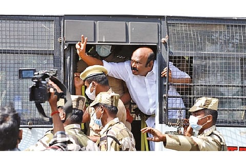 Former minister and AIADMK leader D Jayakumar on the way to Alandur court in Chennai on Monday